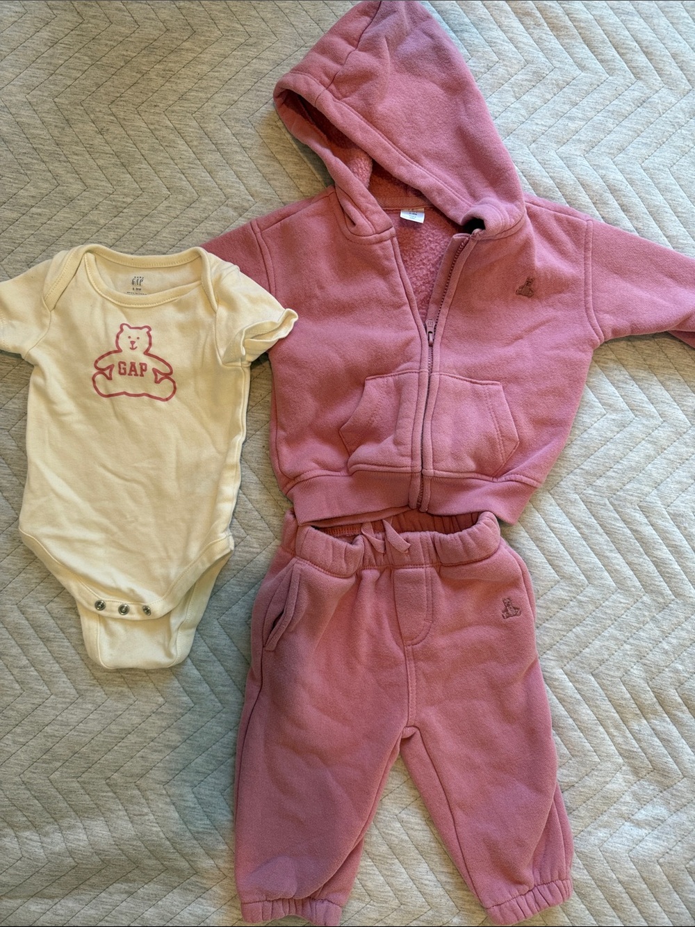 GAP Pink Hooded Fleece Jacket and Pants Set with White Onesie